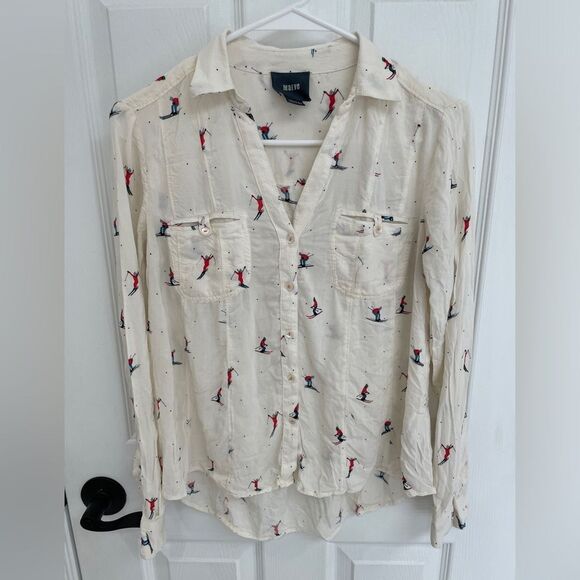 Maeve Anthropologie Skiers Pattern Off White Button Down Collared Shirt Size 0 - Picture 2 of 8